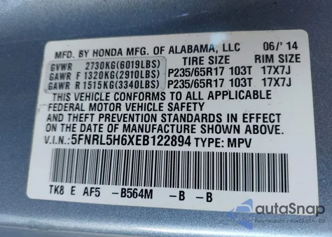 2014 Honda Odyssey Ex-L from USA, damaged, VIN 5FNRL5H6XEB122894